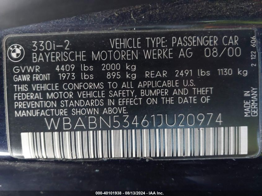2001 BMW 330Ci VIN: WBABN53461JU20974 Lot: 40101938