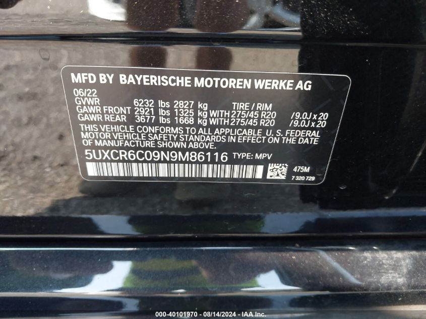 2022 BMW X5 xDrive40I VIN: 5UXCR6C09N9M86116 Lot: 40101970