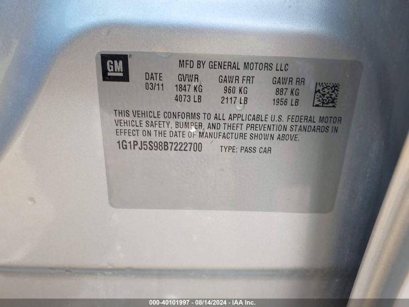 2011 Chevrolet Cruze Eco VIN: 1G1PJ5S98B7222700 Lot: 40101997