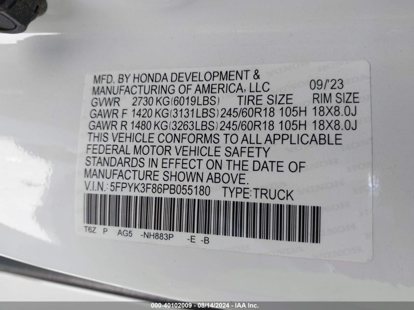 2023 Honda Ridgeline Black Edition VIN: 5FPYK3F86PB055180 Lot: 40102009