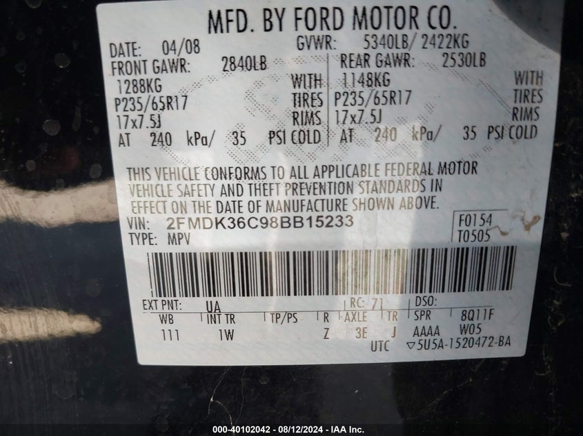 2008 Ford Edge Se VIN: 2FMDK36C98BB15233 Lot: 40102042