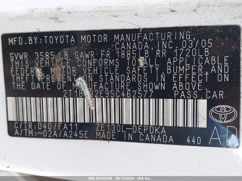 2005 Toyota Corolla Ce VIN: 2T1BR32E95C462577 Lot: 40102059