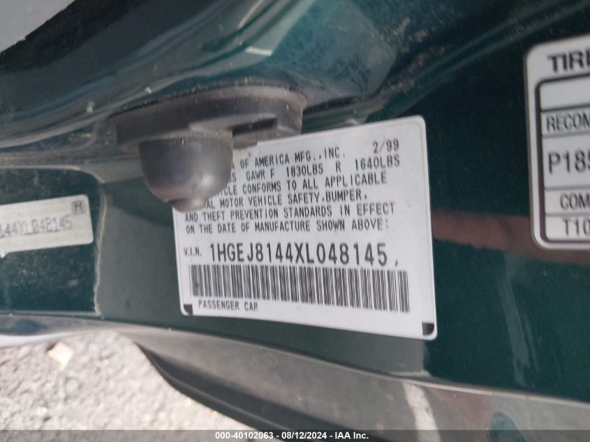 1999 Honda Civic Ex VIN: 1HGEJ8144XL048145 Lot: 40102063