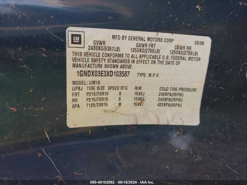 1999 Chevrolet Venture VIN: 1GNDX03E3XD103587 Lot: 40102082