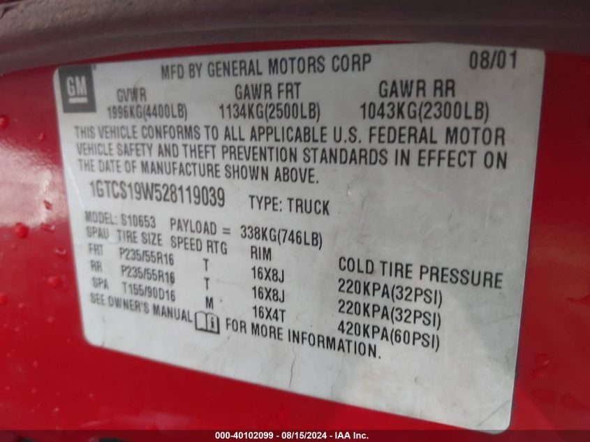 2002 GMC Sonoma Sls VIN: 1GTCS19W528119039 Lot: 40102099