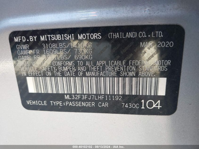 ML32F3FJ7LHF11192 2020 Mitsubishi Mirage G4 Es