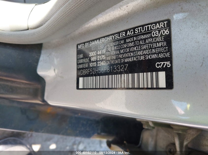 2006 Mercedes-Benz C 230 Sport VIN: WDBRF52H56F813327 Lot: 40102110