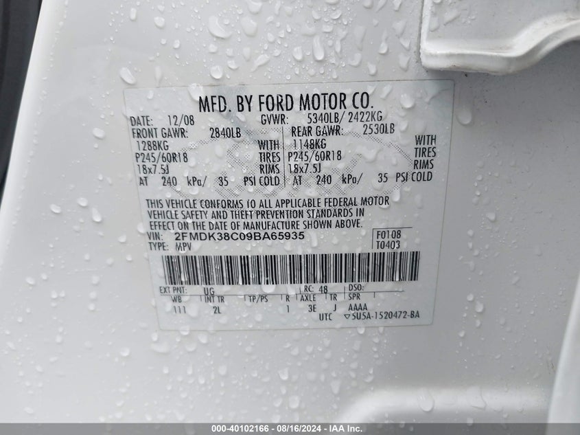 2009 Ford Edge Sel VIN: 2FMDK38C09BA65935 Lot: 40102166