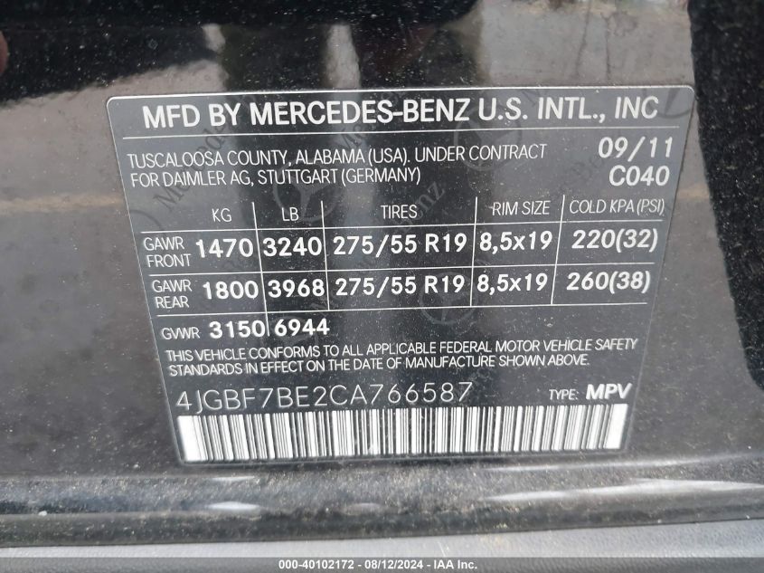 2012 Mercedes-Benz Gl 450 4Matic VIN: 4JGBF7BE2CA766587 Lot: 40102172