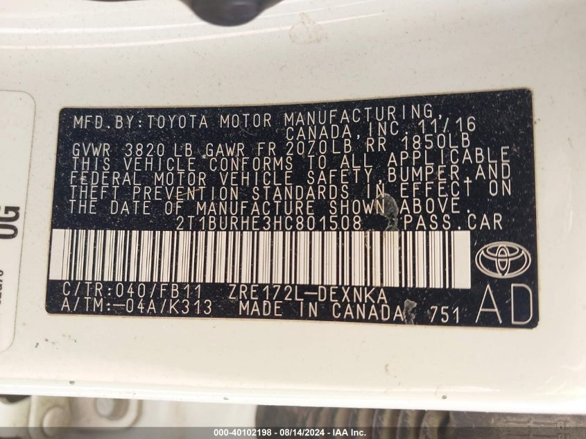2017 Toyota Corolla Le VIN: 2T1BURHE3HC801508 Lot: 40102198
