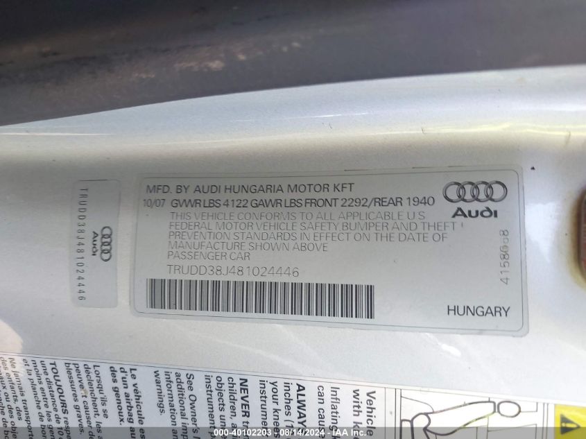 2008 Audi Tt 3.2 VIN: TRUDD38J481024446 Lot: 40102203