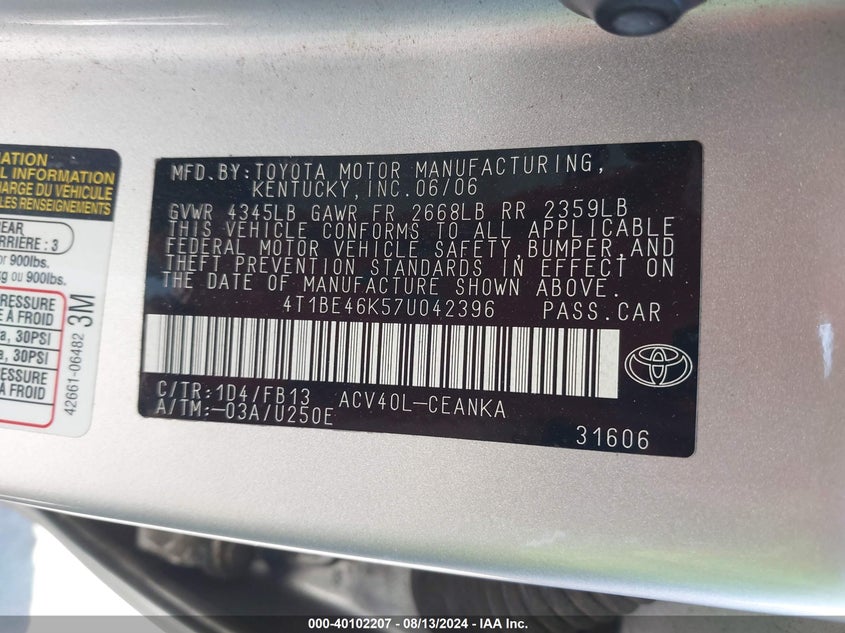 2007 Toyota Camry Ce/Le/Xle/Se VIN: 4T1BE46K57U042396 Lot: 40102207