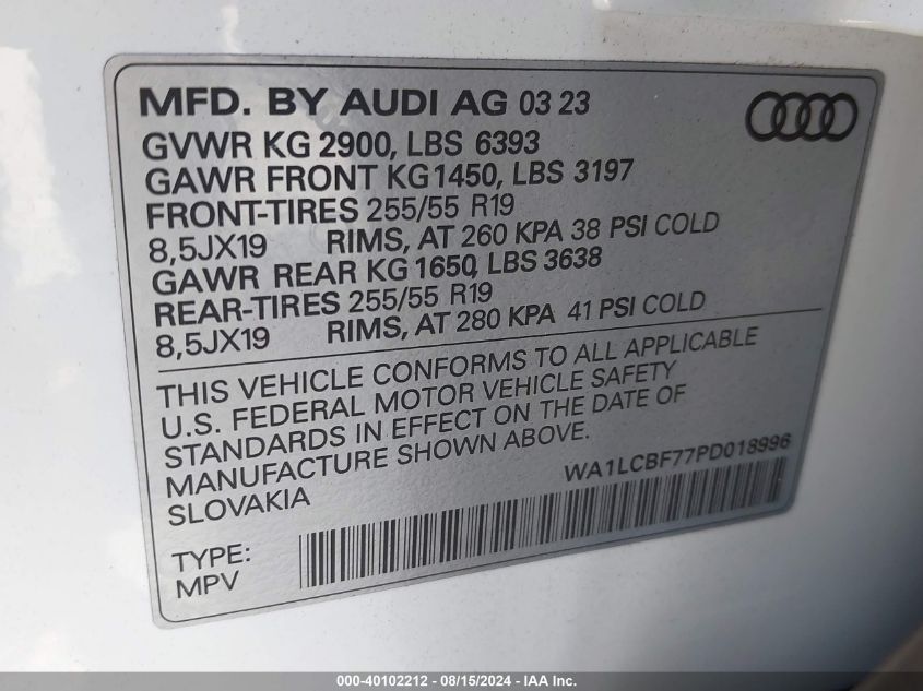 2023 Audi Q7 Premium Plus 45 Tfsi Quattro Tiptronic VIN: WA1LCBF77PD018996 Lot: 40102212