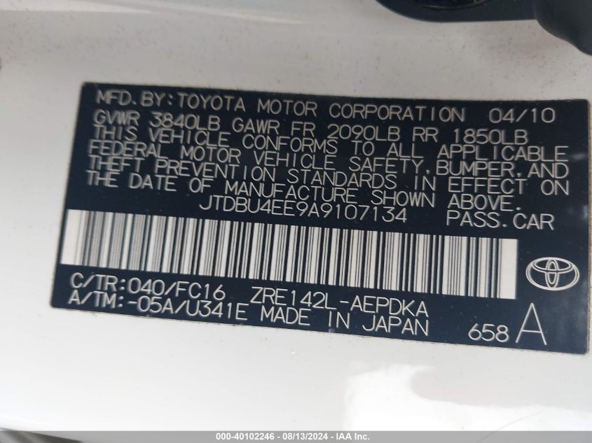 2010 Toyota Corolla Le VIN: JTDBU4EE9A9107134 Lot: 40102246