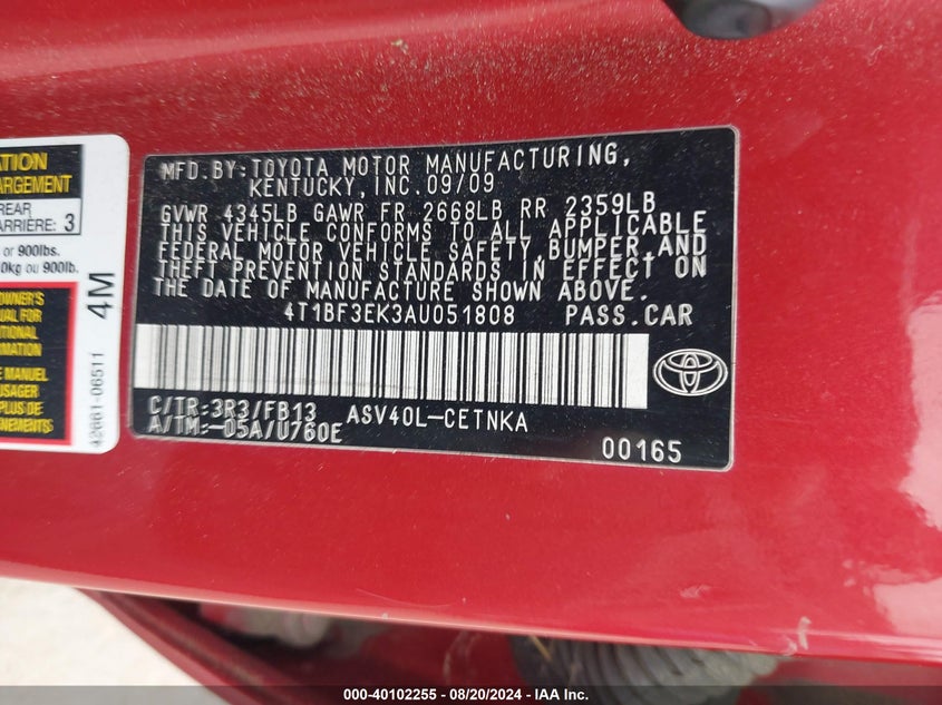 2010 Toyota Camry Le VIN: 4T1BF3EK3AU051808 Lot: 40102255