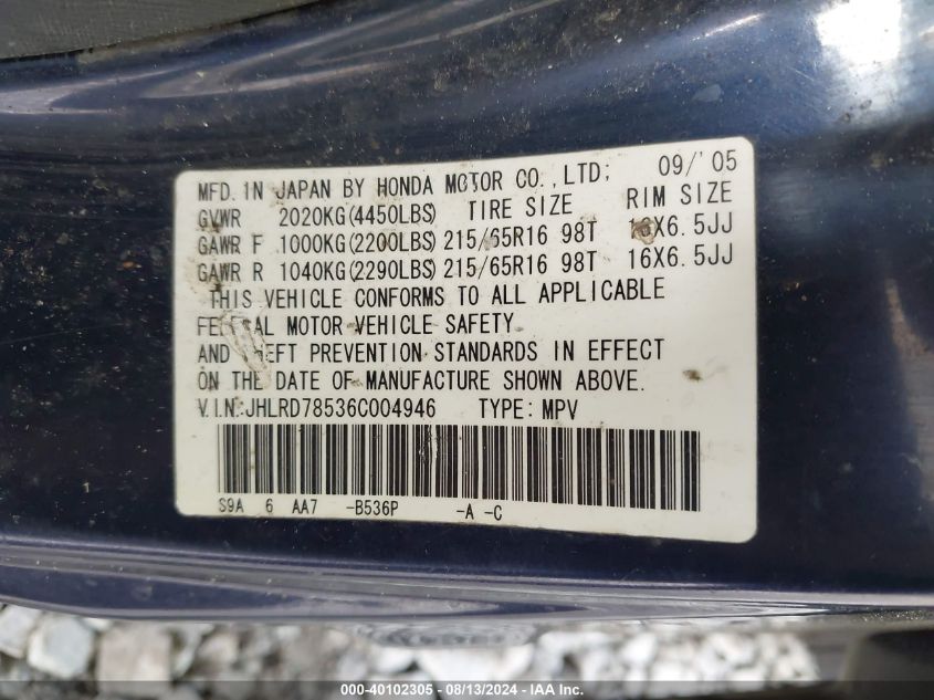 JHLRD78536C004946 2006 Honda Cr-V Lx