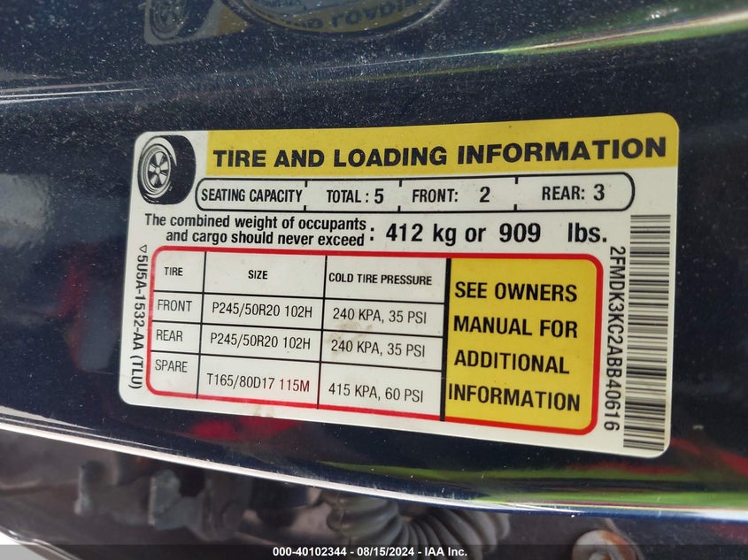 2010 Ford Edge Limited VIN: 2FMDK3KC2ABB40616 Lot: 40102344