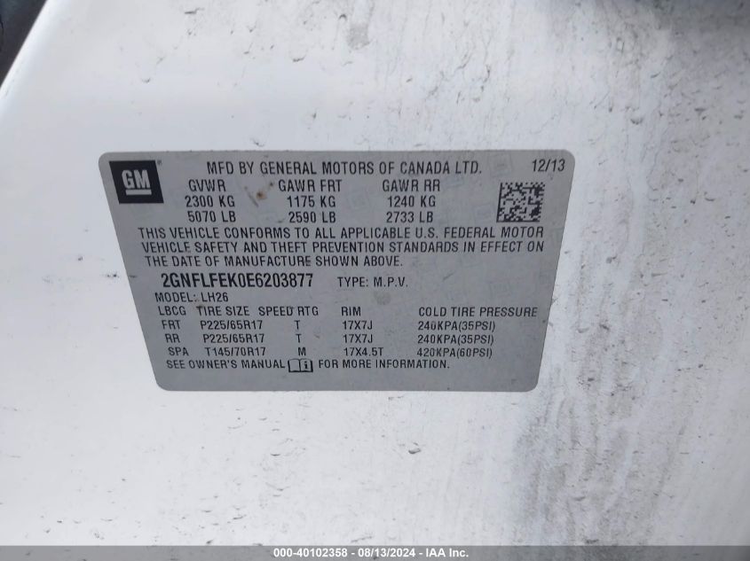 2014 Chevrolet Equinox Lt VIN: 2GNFLFEK0E6203877 Lot: 40102358