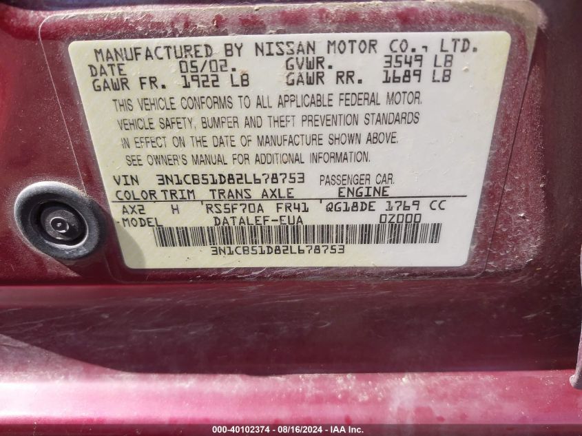 2002 Nissan Sentra Gxe VIN: 3N1CB51D82L678753 Lot: 40102374