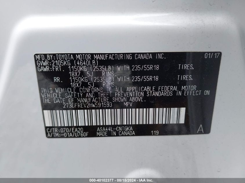 2017 Toyota Rav4 Limited VIN: 2T3DFREV2HW591593 Lot: 40102377