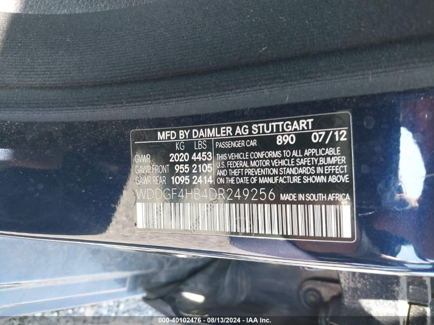 2013 Mercedes-Benz C 250 VIN: WDDGF4HB4DR249256 Lot: 40102476