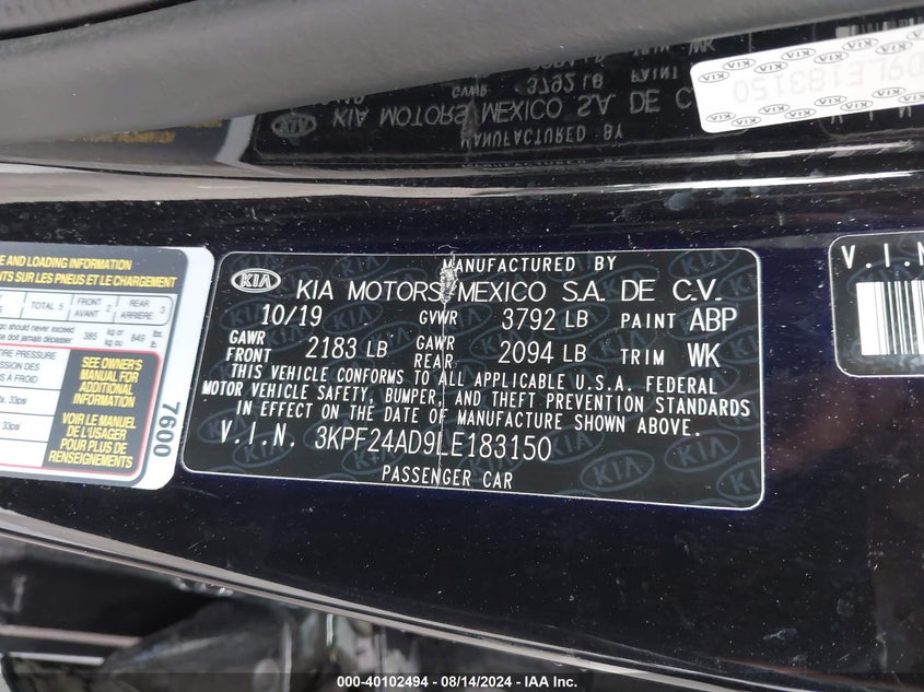 2020 KIA FORTE FE - 3KPF24AD9LE183150