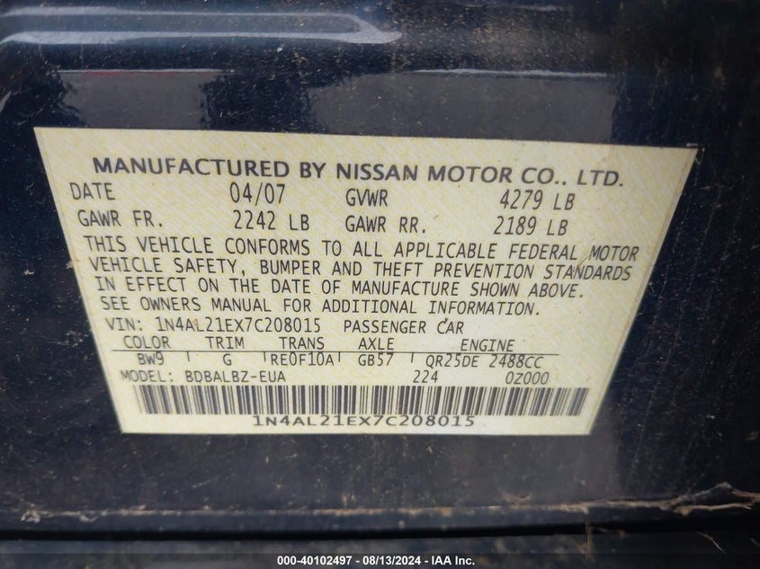 2007 Nissan Altima 2.5 S VIN: 1N4AL21EX7C208015 Lot: 40102497
