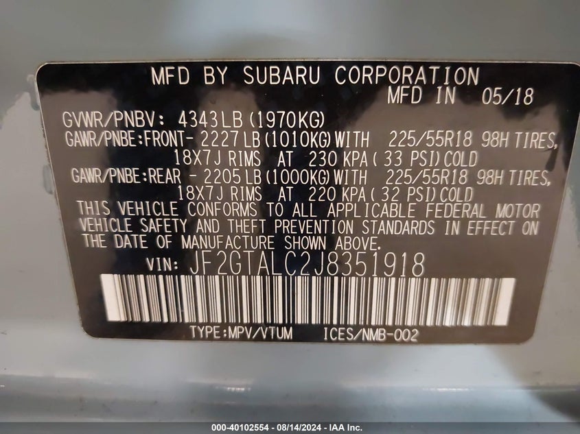 VIN JF2GTALC2J8351918 2018 SUBARU CROSSTREK 2.0I LIMITED