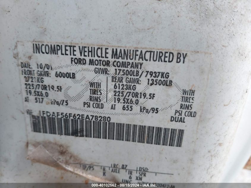 2002 Ford F-550 Xl/Xlt VIN: 1FDAF56F62EA78208 Lot: 40102562