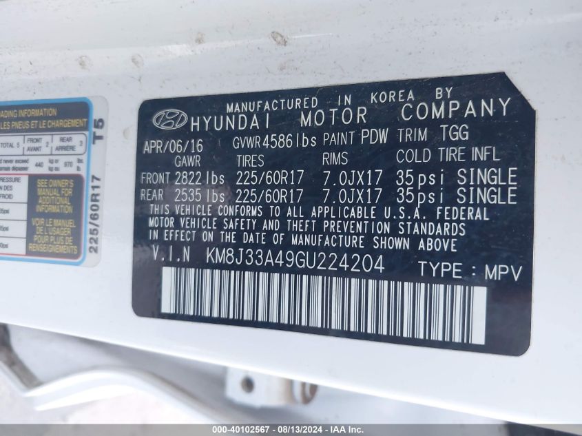 2016 Hyundai Tucson Se VIN: KM8J33A49GU224204 Lot: 40102567