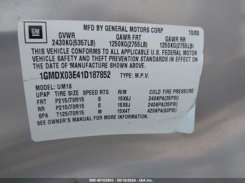 2001 Pontiac Montana M16 W/1Sd Pkg. VIN: 1GMDX03E41D187852 Lot: 40102603