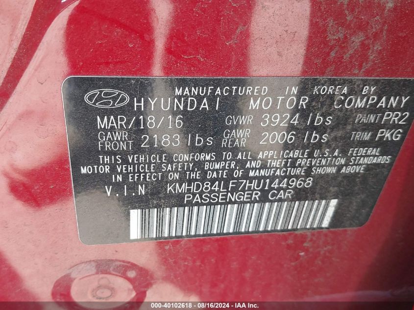 2017 Hyundai Elantra Se VIN: KMHD84LF7HU144968 Lot: 40102618