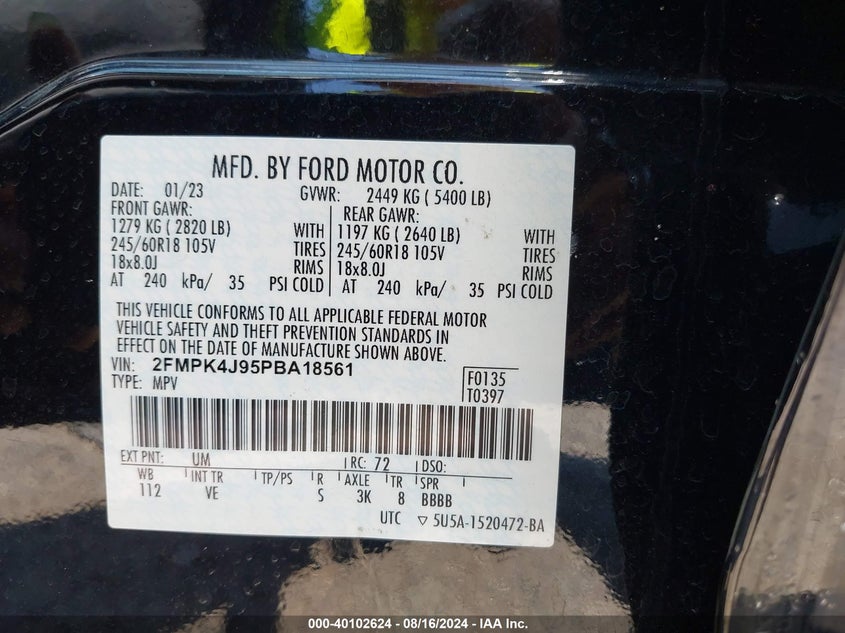 2023 Ford Edge Sel VIN: 2FMPK4J95PBA18561 Lot: 40102624