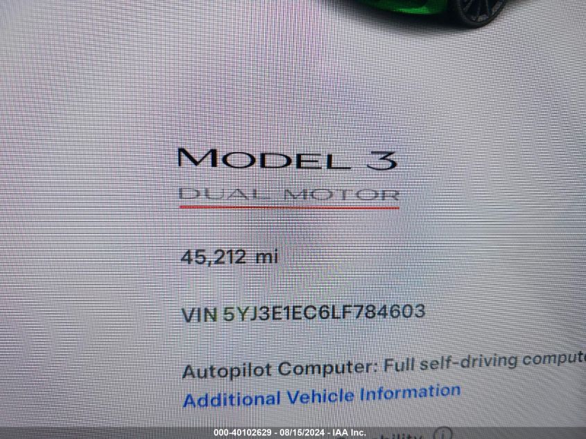 2020 Tesla Model 3 Performance Dual Motor All-Wheel Drive VIN: 5YJ3E1EC6LF784603 Lot: 40102629