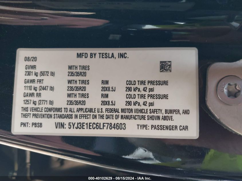 2020 Tesla Model 3 Performance Dual Motor All-Wheel Drive VIN: 5YJ3E1EC6LF784603 Lot: 40102629