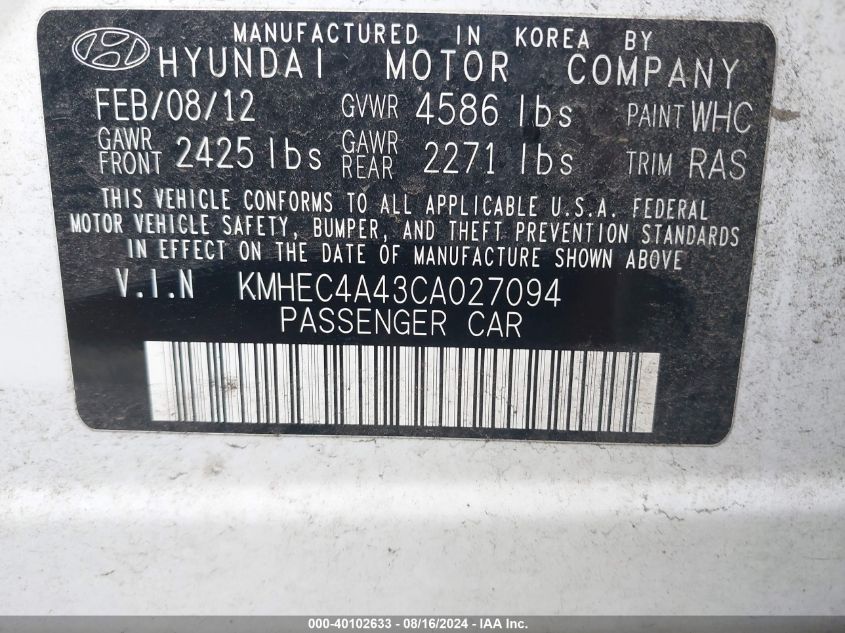 2012 Hyundai Sonata Hybrid VIN: KMHEC4A43CA027094 Lot: 40102633