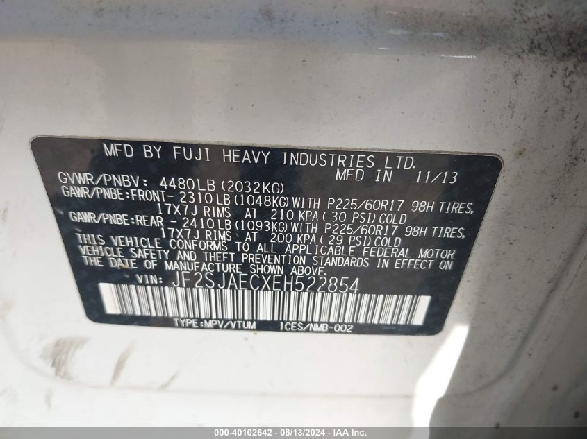 2014 Subaru Forester 2.5I Premium VIN: JF2SJAECXEH522854 Lot: 40102642