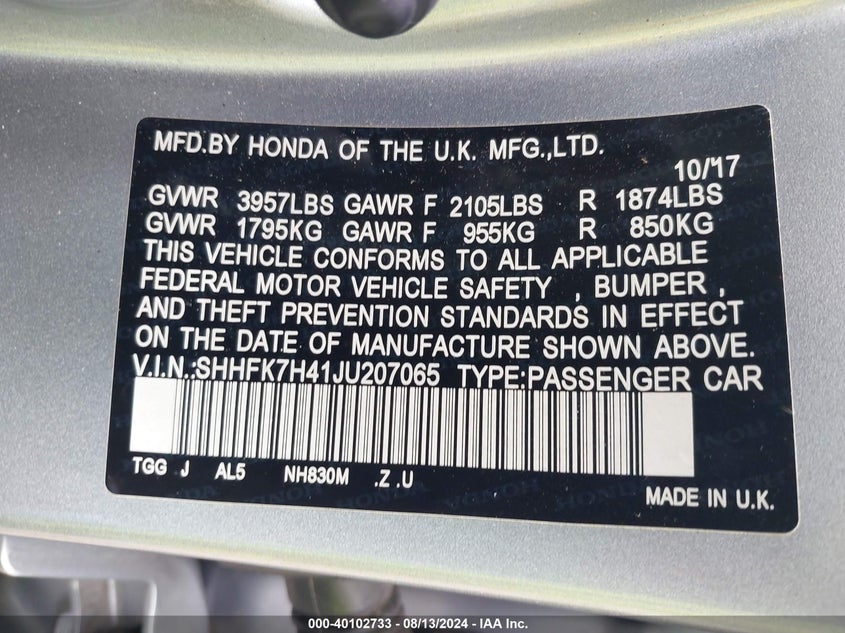 2018 HONDA CIVIC SPORT - SHHFK7H41JU207065