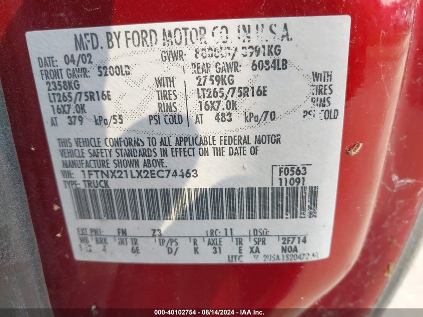 2002 Ford F-250 Lariat/Xl/Xlt VIN: 1FTNX21LX2EC74463 Lot: 40102754