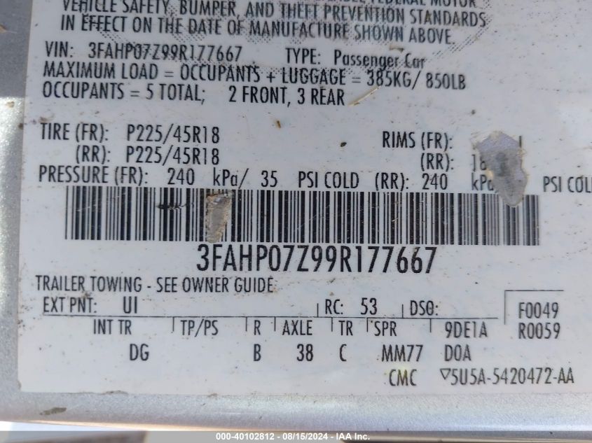 2009 Ford Fusion Se VIN: 3FAHP07Z99R177667 Lot: 40102812