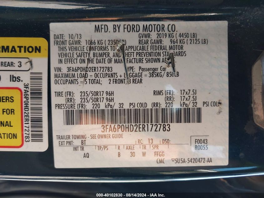 2014 Ford Fusion Se VIN: 3FA6P0HD2ER172783 Lot: 40102830