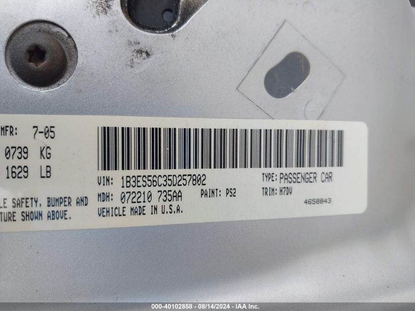 2005 Dodge Neon Sxt VIN: 1B3ES56C35D257802 Lot: 40102858