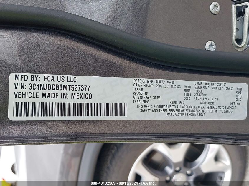 2021 Jeep Compass Limited VIN: 3C4NJDCB6MT527377 Lot: 40102909