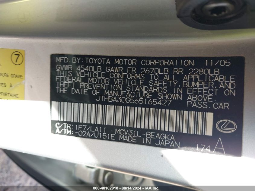 2006 Lexus Es 330 VIN: JTHBA30G565165427 Lot: 40102918