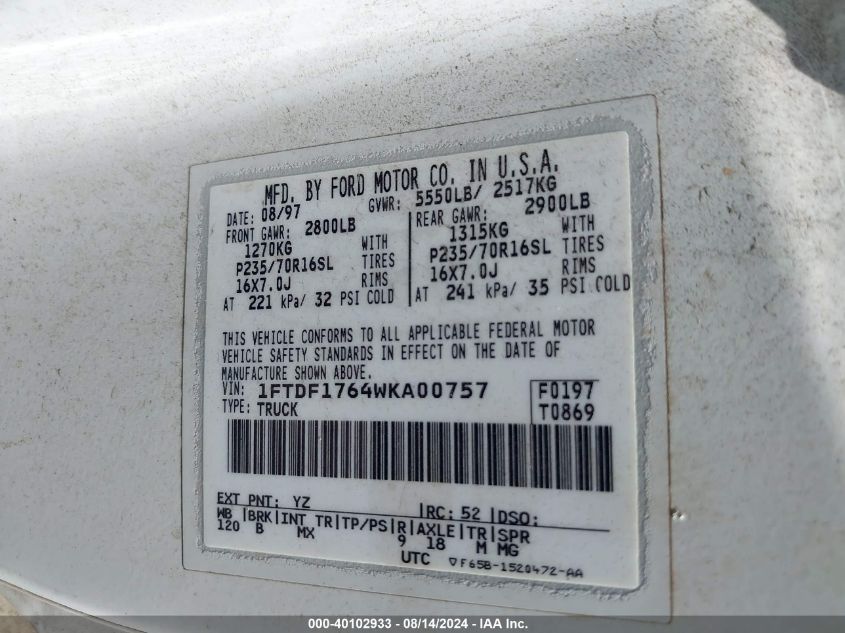 1998 Ford F-150 Lariat/Standard/Xl/Xlt VIN: 1FTDF1764WKA00757 Lot: 40102933