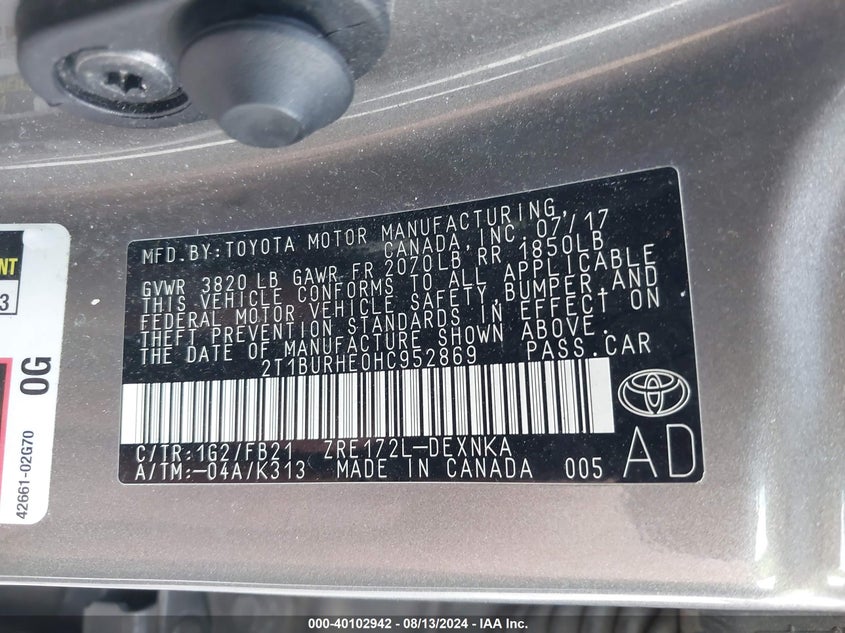 VIN 2T1BURHE0HC952869 2017 TOYOTA COROLLA LE