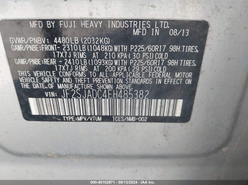 2014 Subaru Forester 2.5I Premium VIN: JF2SJADC4EH485382 Lot: 40102971