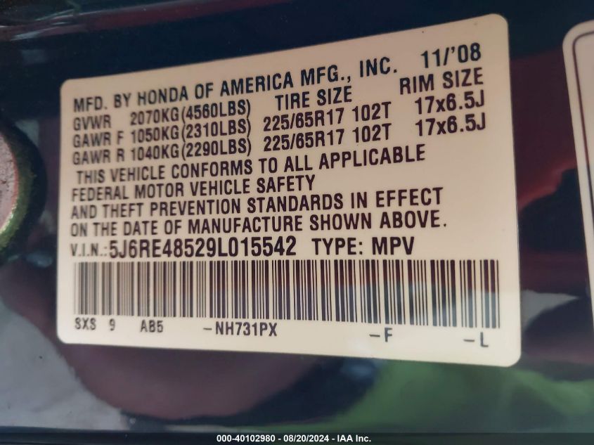 2009 Honda Cr-V Ex VIN: 5J6RE48529L015542 Lot: 40102980