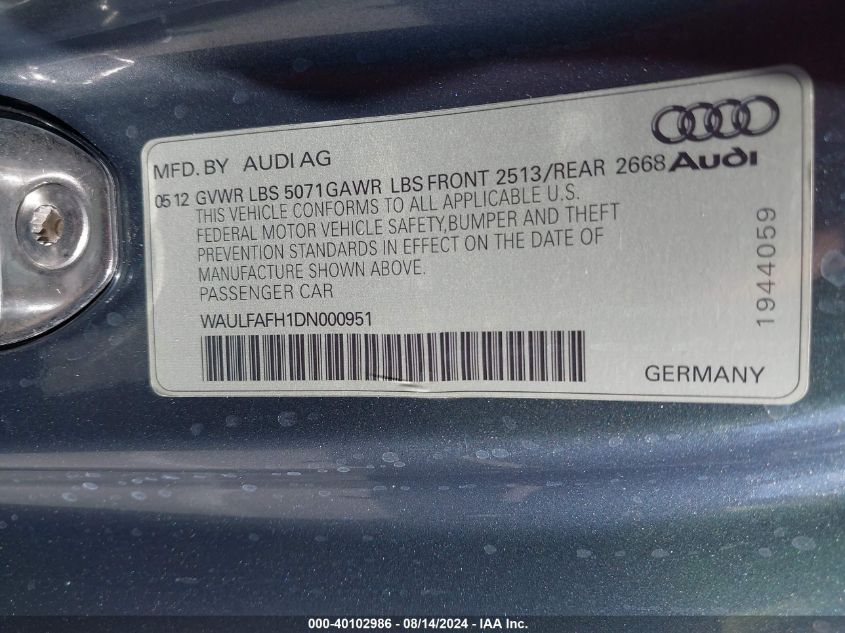 2013 Audi A5 2.0T Premium VIN: WAULFAFH1DN000951 Lot: 40102986