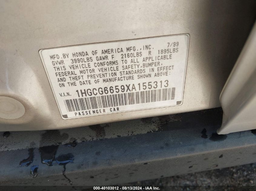 1999 Honda Accord Lx VIN: 1HGCG6659XA155313 Lot: 40103012